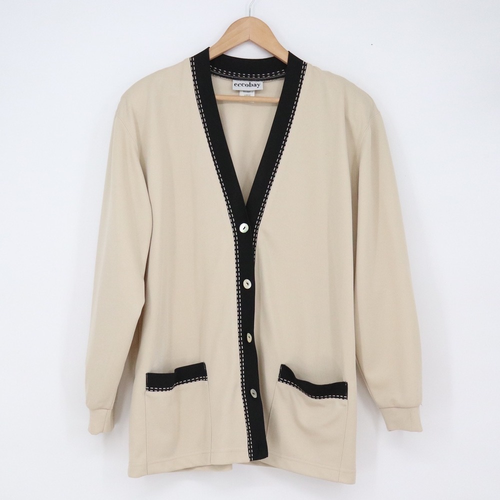 eccobay Cardigan Womens Large 9010BR 2 Cream Black Contrast Trim Excellent